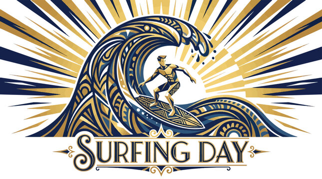 A surfer rides wave on sunny day with large illustration style graphics around