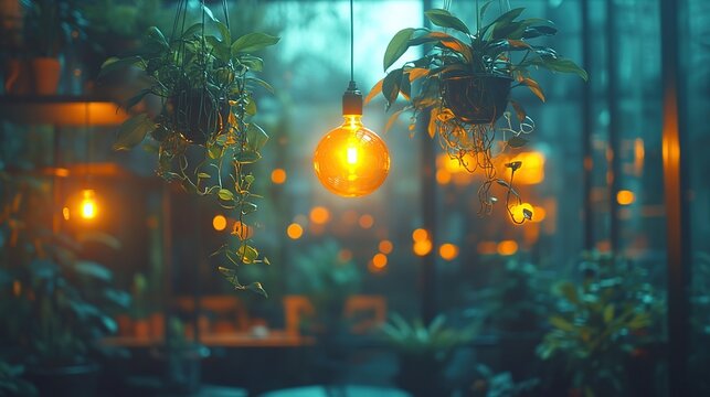Warmly Lit Greenhouse Caf? Scene with Hanging Edison Bulbs and Lush Foliage