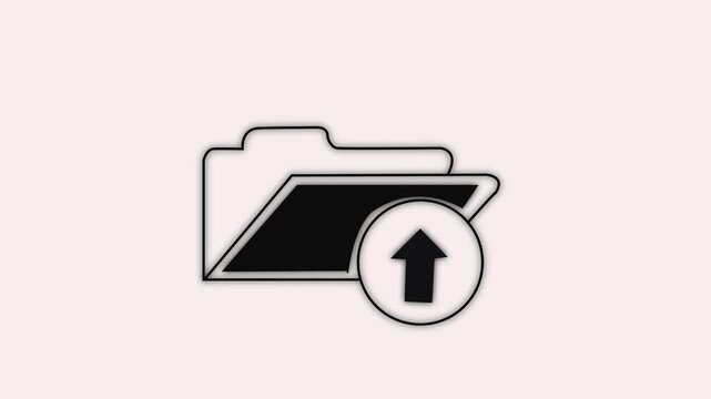 Document file upload or transfer process with arrow icon animation. Simple up load black folder icon on white background