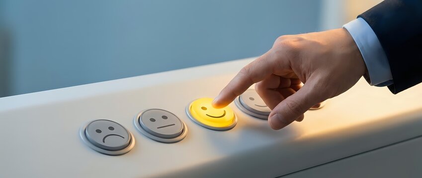 Businessman hand selecting yellow smiley face among neutral expressions on white surface, representing positive feedback, customer satisfaction, and emotional rating selection.