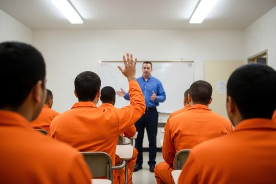 In a prison classroom, an inmate in an orange jumpsuit raises his hand during a group lecture.