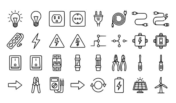 Electricity and Renewable Energy Line Icon Set Featuring Power Outlets Lightbulbs Cables Switches Solar Panels Wind Turbines and Electrician Hand Tools