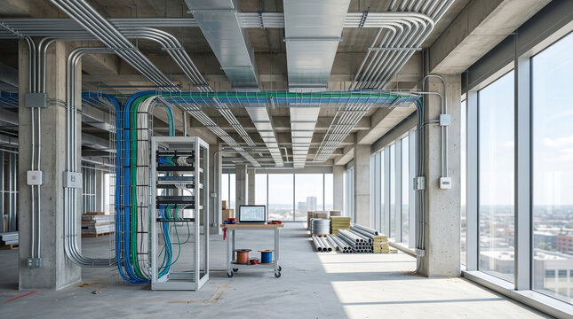 Unfinished commercial building interior with exposed smart infrastructure and construction tools