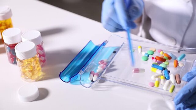 Pharmacist sorting different pills at white table in clinic, closeup