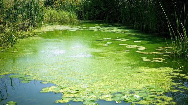 Still, shallow water with abundant algae.