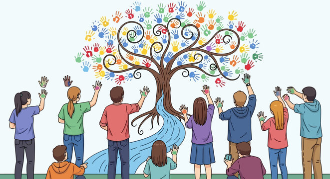 Group of Diverse People Creating a Colorful Handprint Tree Mural