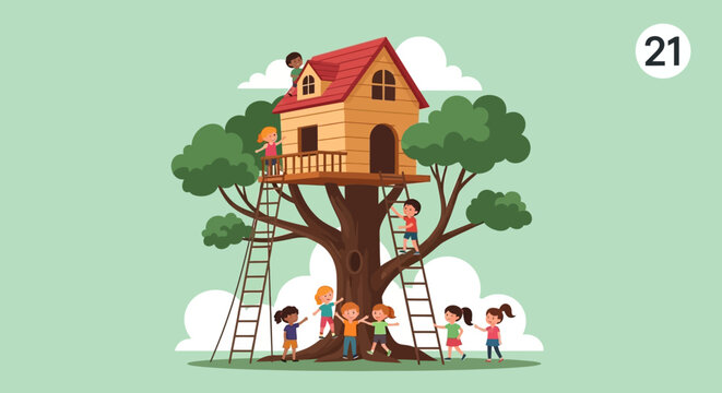 Happy Children Playing in a Wooden Treehouse Illustration