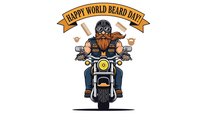 Happy World Beard Day Biker Riding Motorcycle Illustration