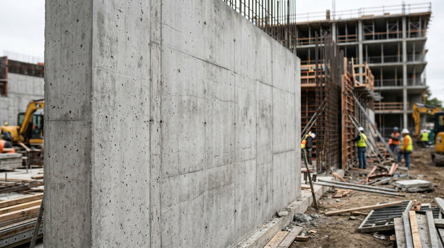 Construction site with unfinished concrete wall and workers