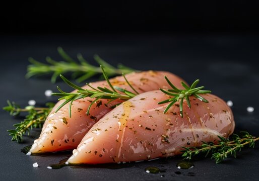 Raw chicken breast fillets marinated in savory herbs and oil, presented in premium culinary lighting for gourmet cooking and grill recipes, meat, delicious, butcher