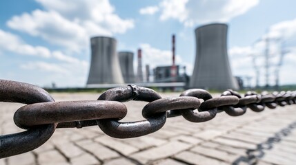 Naklejka premium Steel Chain in Sharp Focus Stretching Across Industrial Landscape with Power Plant Background