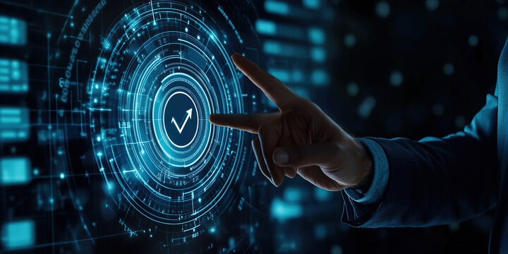Business professional interacting with a digital checklist and target icon, symbolizing strategic planning, productivity, goal setting, task management for business success, operational efficiency.