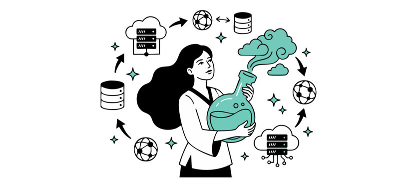 Data science woman holding flask with green smoke surrounded by cloud computing storage and technology network icons in circular workflow cycle representing digital innovation data engineering researc