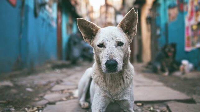 Stray Dog on Urban Street in Impoverished City Environment with Blue Walls