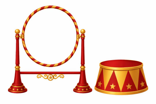 Red and gold circus hoop and performer pedestal