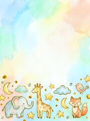 Fototapeta premium Cute Cartoon Animals Illustration with Elephant Giraffe Fox and Birds at Night Sky