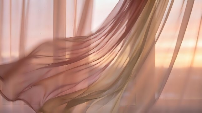Flowing sheer fabric in soft pink and gold tones with warm sunlight creating elegant waves and movement through translucent material.