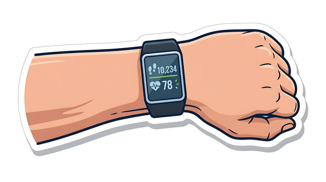 Illustration of a human arm wearing a modern smartwatch with fitness tracking data showing step count and heart rate