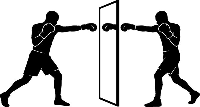Two boxers facing each other in a mirror reflection pose.