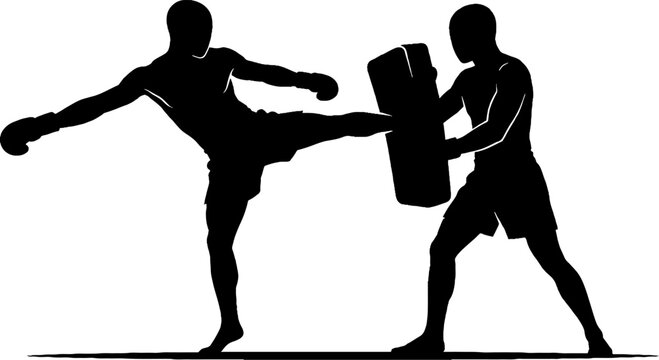Two martial artists practicing kickboxing with focus mitts.