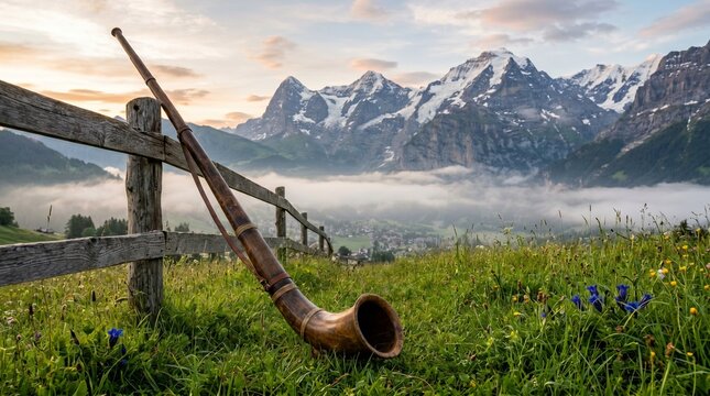 Traditional Alphorn Wooden Fence Alpine Meadow Swiss Mountain Cultural Heritage Photography
