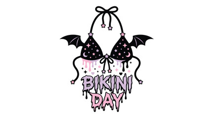 Fototapeta premium A vampire themed bikini with bat wings and dripping blood letters reads it is bikini day