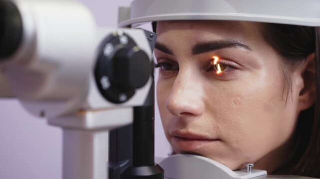 Woman undergoing eye examination with slit lamp, focusing on her eye as the light illuminates it, in a clinical setting with medical equipment visible