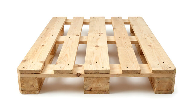 A wooden pallet sits alone on a white background with no people nearby indoors.