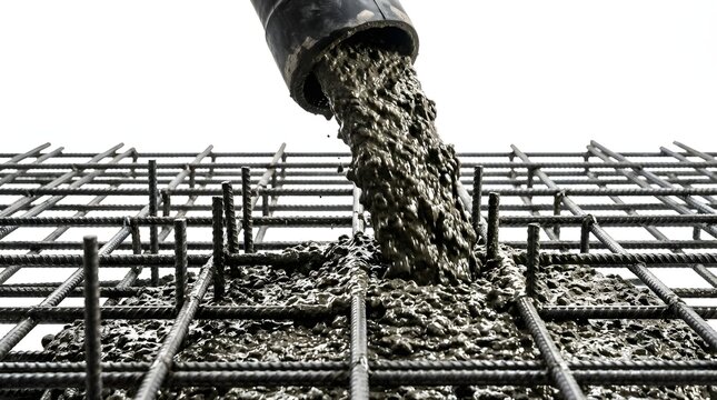 Pouring Wet Concrete onto Steel Rebar Reinforcement Grid for Building Foundation