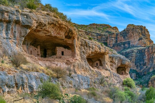 Scenic Canyon with Ancient Rock Shelters at Archaeological Site in Desert Landscape