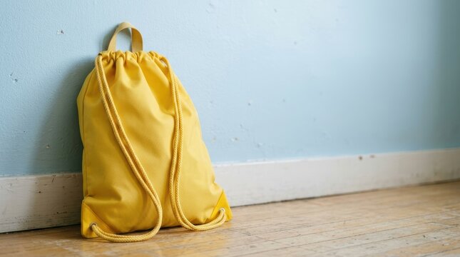 Yellow Drawstring Backpack Leaning Against Blue Wall.