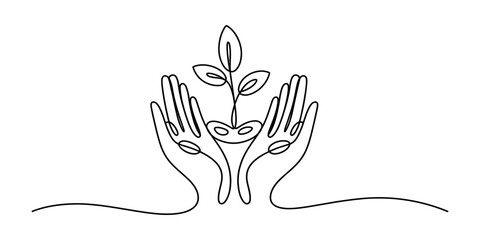 Fototapeta premium Continuous line drawing of hands holding a small plant with leaves, symbolizing growth and care