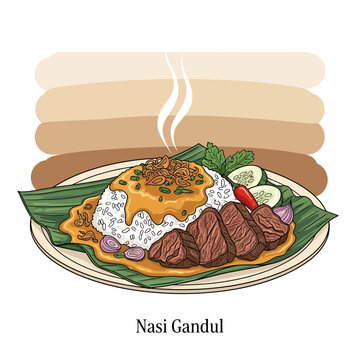 Nasi Gandul, Authentic Indonesian traditional rice dish featuring savory slow-cooked beef, fragrant spices, and a rich, creamy curry sauce, served on a banana leaf