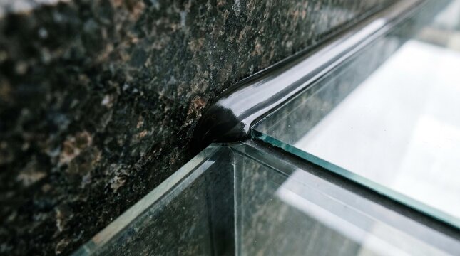Detailed macro view of a clean glass edge sealed against a dark stone surface.