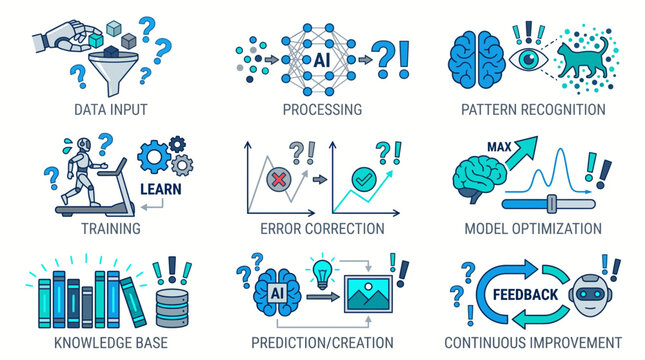 AI vector illustration depicting neural network processing and pattern recognition methods or digital technology concept with abstract neural connections and data flow