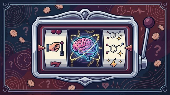 Conceptual illustration of a slot machine showing brain science and chemistry symbols.