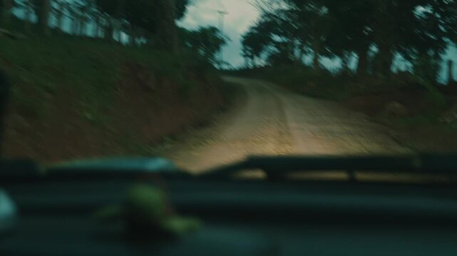 Driving pov on a bumpy country road at dusk