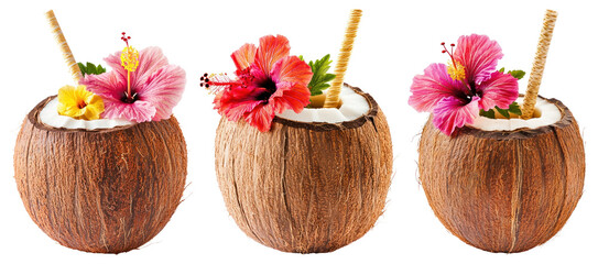 Fototapeta premium PNG Tropical coconut drinks with flowers on transparent background