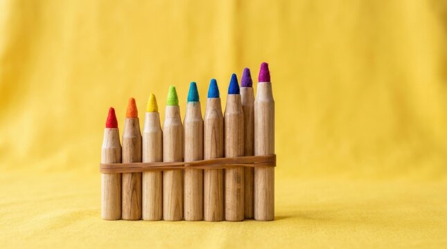 Colorful Wooden Crayons Arranged On Yellow Background.