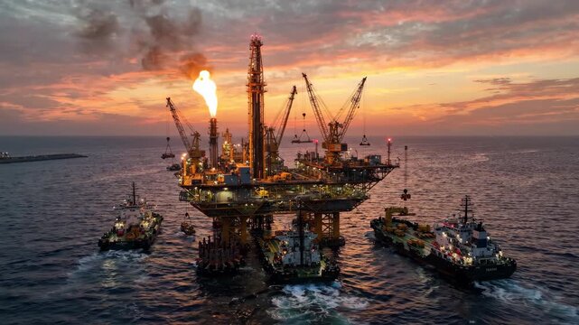 Offshore oil rig at sunset, showcasing drilling equipment, support vessels, and industrial activity in oceans dramatic beauty