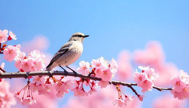 Small Bird Perched on Pink Cherry Blossom Branch Under Blue Sky