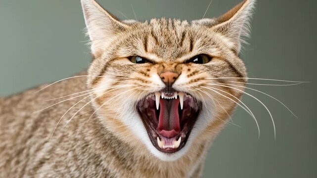 A close-up shot of an aggressive wildcat hissing with its mouth wide open, revealing sharp teeth.