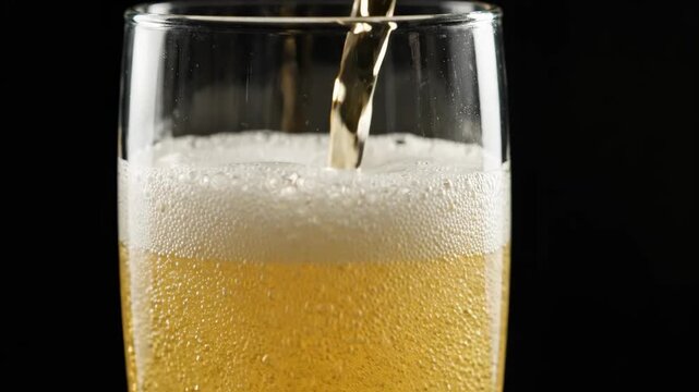 Golden beer pouring into clear glass, creating frothy bubbles and evoking enjoyment with every refreshing sip of this lively beverage