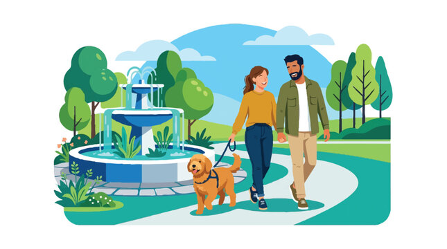 Happy Couple Walking Dog in Sunny City Park with Water Fountain Vector Illustration