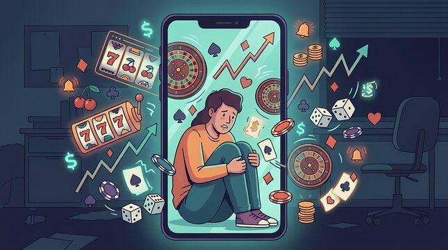 Illustration of a young person trapped in a smartphone with gambling icons.