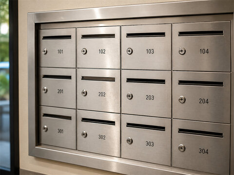 Metal apartment mailbox cluster with numbered compartments and locking doors set into a wall for residential building delivery security community living property management and mailroom organization