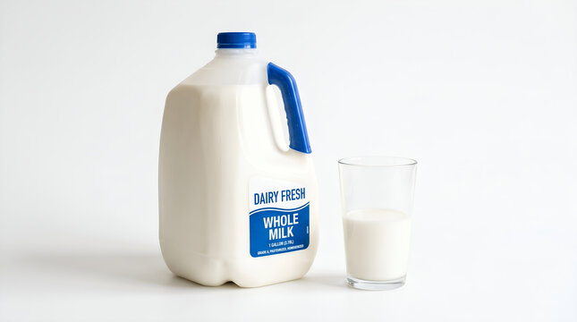 A fresh gallon milk jug and a glass of milk on white background