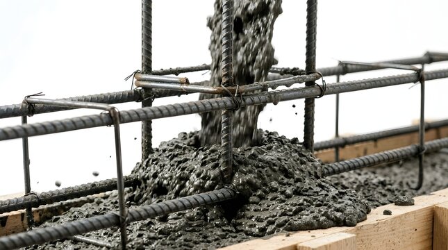 Fresh concrete pouring into steel rebar for building foundation