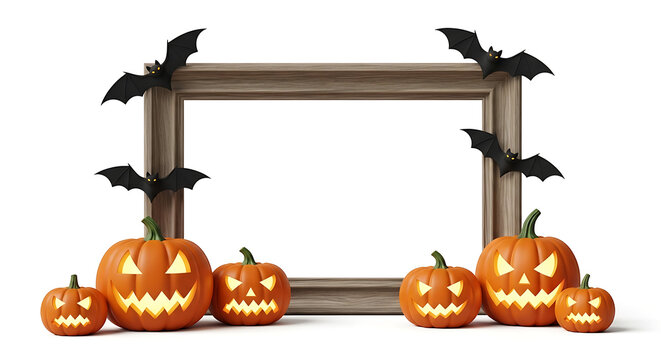 Halloween jack o lanterns and bats on wooden frame