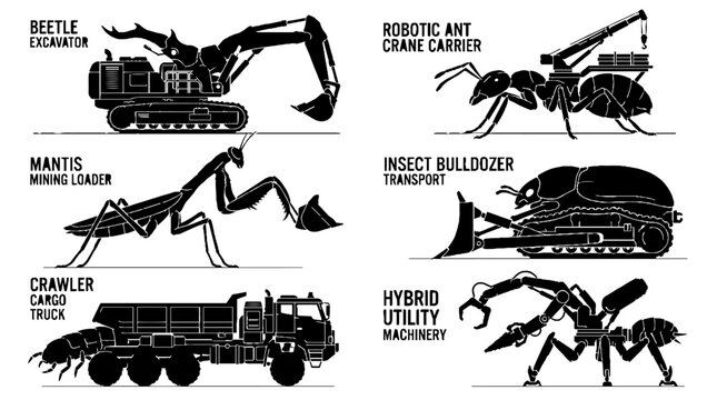 Set of six mechanical insect construction vehicles and robotic machinery illustrations.